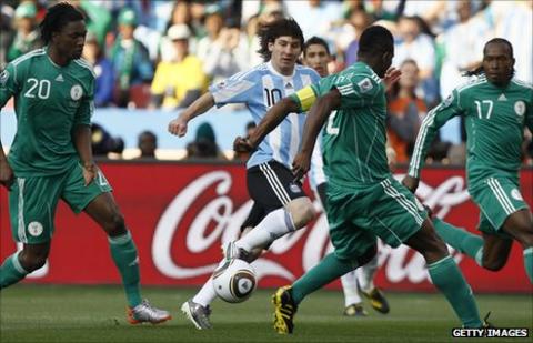 Lionel Messi in action against Nigeria at the 2010 World Cup
