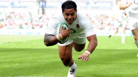 Manu Tuilagi scores for England against Ireland