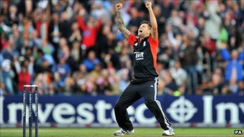 Jade Dernbach celebrates a wicket