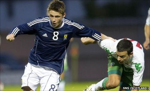 Scotland's Scott Allan (left) is persued by Plamen Donev