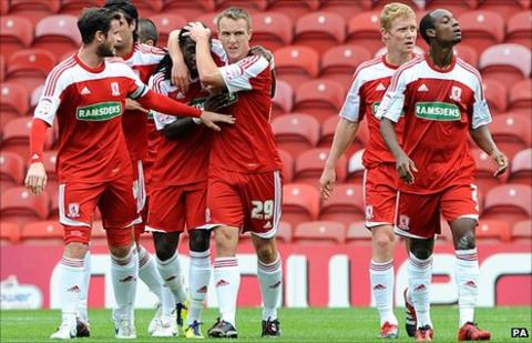 Marvin Emnes celebrates scoring with Middlesbrough team-mates
