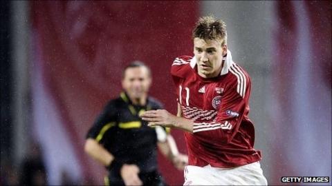 Nicklas Bendtner in action for Denmark