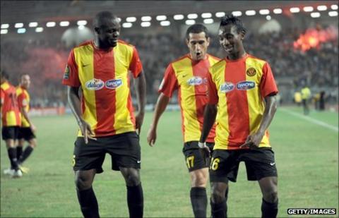 Joseph Ndjeng (left), Samar Derbali (centre) and Harrison Afful (right) of Tunisia's Esperance