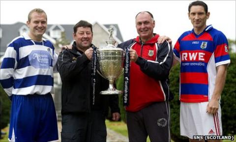 Newtonmore manager Norman MacArthur (2nd from left) and captain Scott Campbell are joined by Kingussie boss Stevie Borthwick (2nd from right) and skipper Ronald Ross as they look ahead to the Scottish Hyrdo Camanachd Cup Final