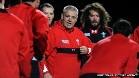 Warren Gatland with Wales players at a training session