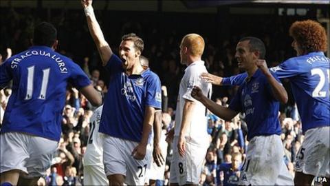Everton's Apostolos Vellios (centre) celebrates scoring his side's second goal