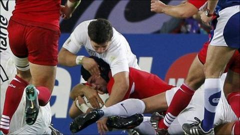 Dimitri Basilaia scores on the stroke of half-time for Georgia