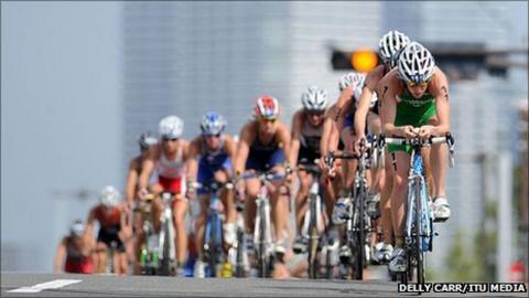 Aileen Morrison leads a group of riders during the bike leg in Yokohama