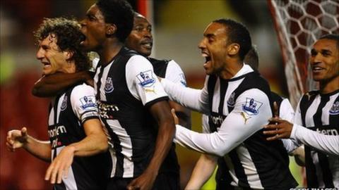 Newcastle's Fabricio Coloccini celebrates his winning goal against Nottingham Forest