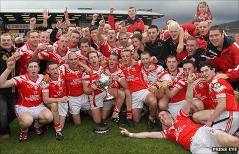 Loughgiel celebrate their victory over Cushendall at Casement Park