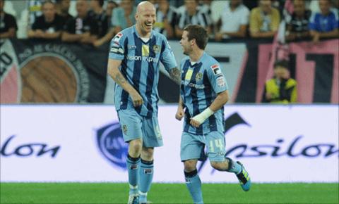 Lee Hughes (left) is congratulated by Alan Judge