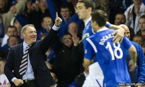 Rangers manager Ally McCoist celebrates the second goal against Kilmarnock