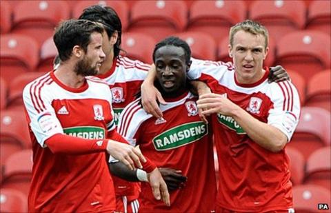 Marvin Emnes and his Middlesbrough team-mates celebrate a goal against Coventry earlier this season