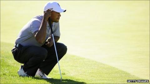 Tiger Woods lines up a putt in the second round of the Frys.com Open