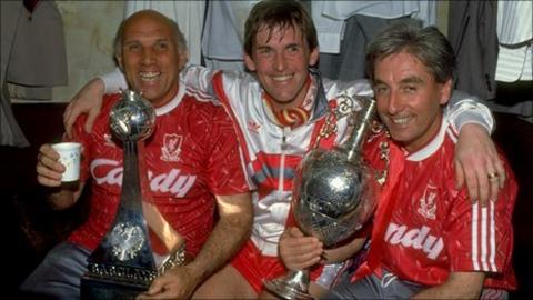 Liverpool trio Ronnie Moran, Kenny Dalglish and Roy Evans
