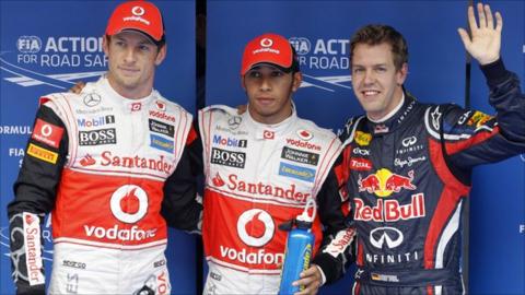 Jenson Button, Lewis Hamilton and Sebastian Vettel