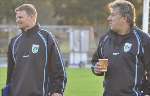 Guernsey FC boss Tony Vance (left) and assistant Colin Fallaize