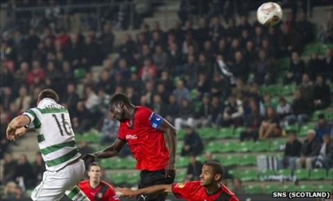 Celtic midfielder Joe Ledley scores against Rennes