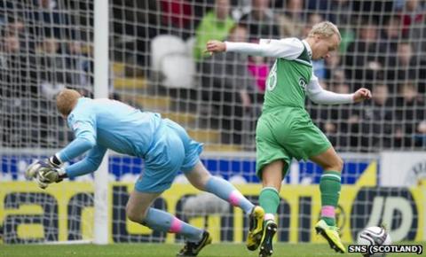 Leigh Griffiths takes the ball from Craig Samson to open the scoring