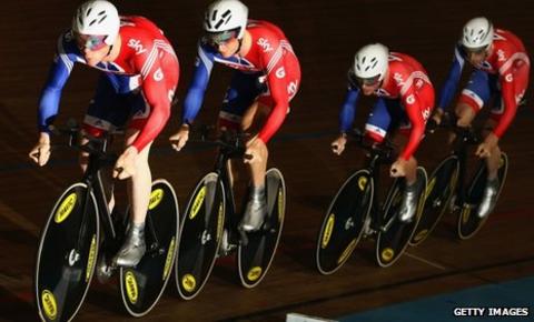 Ed Clancy leads team-mates Steven Burke, Peter Kennaugh and Andy Tennant during the team pursuit final at the European Championships