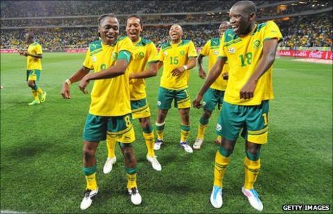 South African players mistakenly celebrate qualifying for the 2012 Africa Cup of Nations