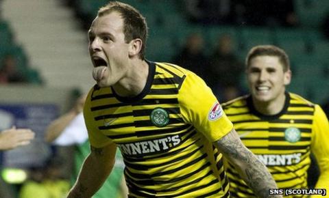 Anthony Stokes celebrates scoring against Hibs at Easter Road