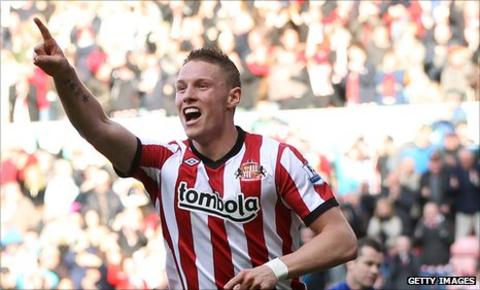 Connor Wickham celebrates his first Premier League goal against Aston Villa