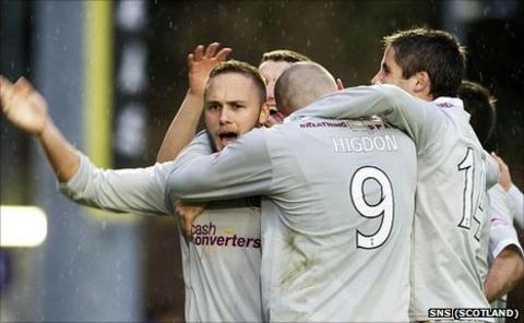 Motherwell's Tom Hateley is mobbed after scoring the winner