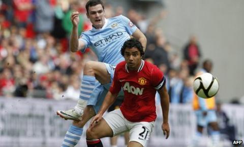 Manchester United defender Rafael and Manchester City winger Adam Johnson