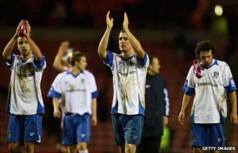 Barrow players applaud the fans after the defeat by Sunderland in the 2010 FA Cup.