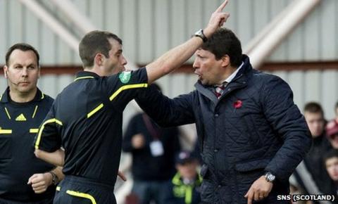 Hearts manager Paulo Sergio was sent off by referee Alan Muir