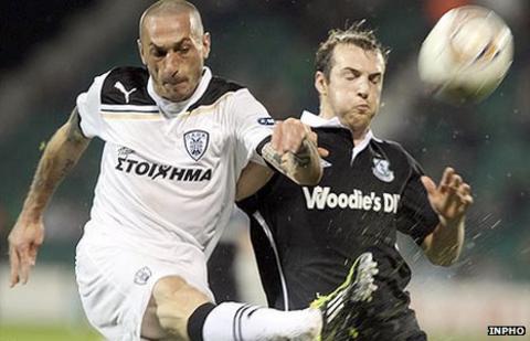 Bruno Cirillo of PAOK Salonika competes with Shamrock Rovers' Karl Sheppard