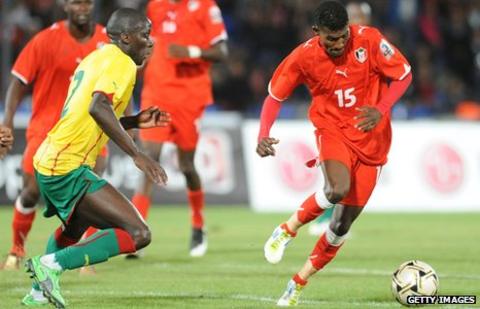 Benoit Angbwa of Cameroon (left) was one of the scorers in the win for the Indomitable Lions