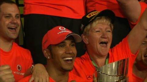 Lewis Hamilton celebrates with his mother