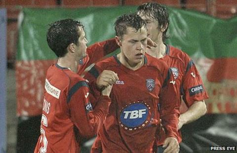 Johnny Black is congratulated after scoring Coleraine's equaliser
