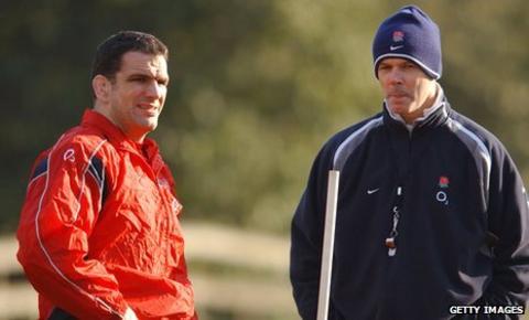 Martin Johnson and Sir Clive Woodward during an England training session