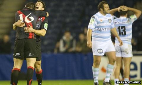 Edinburgh celebrate their incredible win over Racing Metro 92