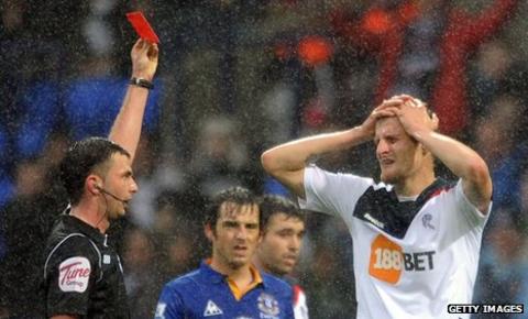 David Wheater is sent off for Bolton against Everton