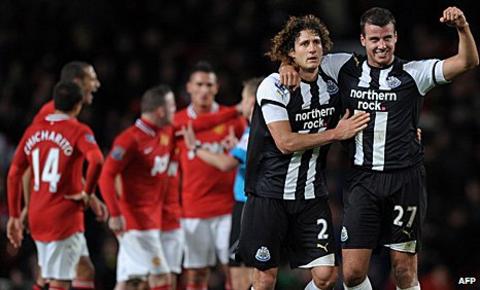 Steven Taylor (right) celebrates for Newcastle against Manchester United