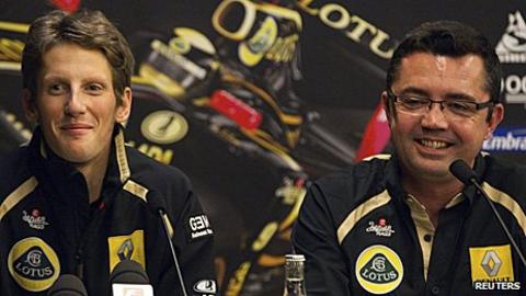 Romain Grosjean and Lotus Renault team boss Eric Boullier