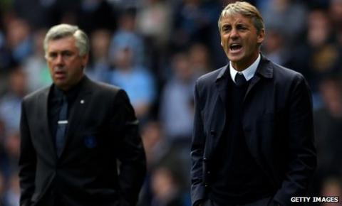 Mancini, right, was sad to see Chelsea sack manager Carlo Ancelotti, left, but is a big fan of Andre Villas-Boas