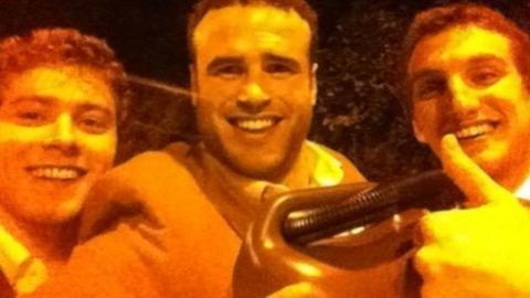 Leigh Halfpenny (left) arrives with a can of petrol to save Jamie Roberts and Sam Warburton
