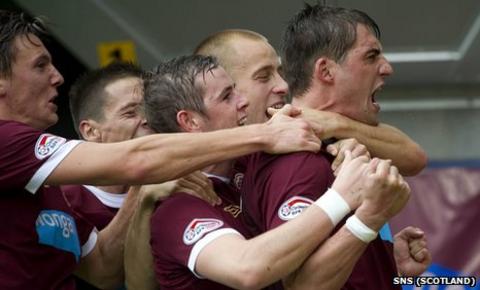 Rudi Skacel is mobbed by team-mates after scoring against Celtic