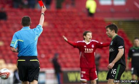 Referee Craig Thomson shows Peter Pawlett a red card