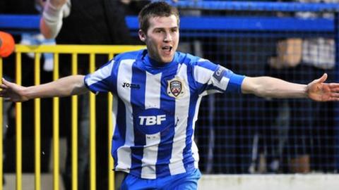 Stephen Lowry celebrates after scoring against Ballymena