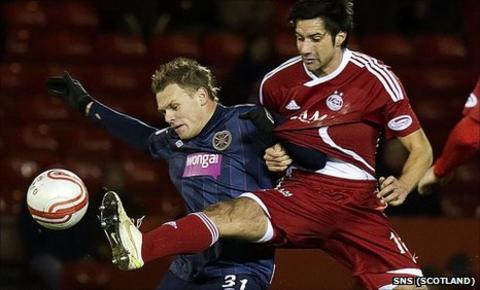 Adrian Mrowiec of Hearts at Aberdeen's Rory Fallon
