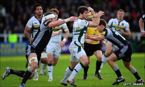 Northampton Saints full-back Ben Foden makes a break during the Premiership match against Newcastle Falcons