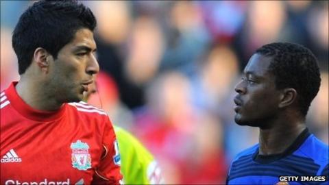 Liverpool's Luis Suarez and Manchester United's Patrice Evra on 15 October