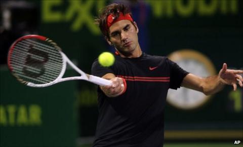 Roger Federer on his way to victory in Qatar against Andreas Seppi