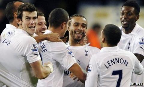 Tottenham celebrate Benoit Assou-Ekotto's spectacular strike against Everton